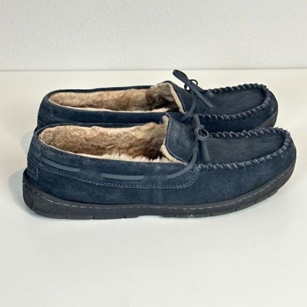 Eddie Bauer Suede Blue Grey Shearling Lined Moc Slippers Men's L (9.5-10.5)